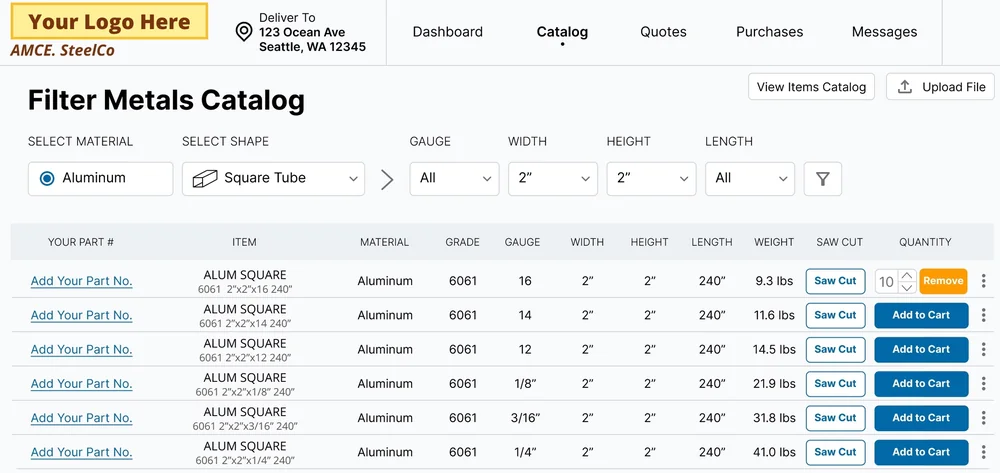 SteelVend customer portal with material categories, catalog search, and product listings