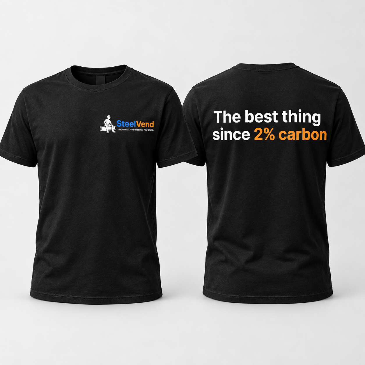 Front and back of a black SteelVend tee, with the slogan ‘The best thing since 2% carbon’ on the back.