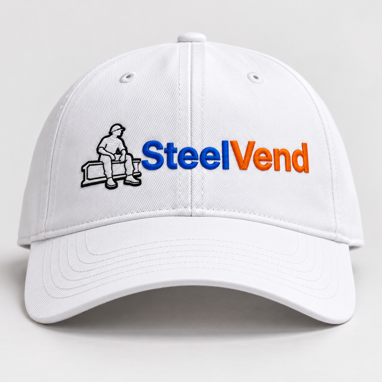 White cap embroidered with the SteelVend blacksmith logo and blue and orange wordmark.